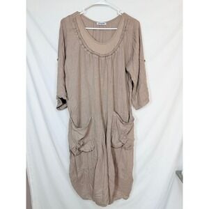 Bohabille Draped Asymmetrical Linen Lagenlook Midi Dress XL Beige Made in Italy